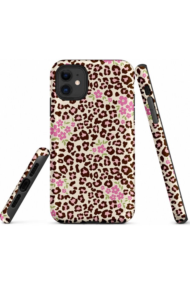 iPhone 11 Compatible - Pink Floral Leopard, Double Layer Cover, Glossy Surface Protective Case