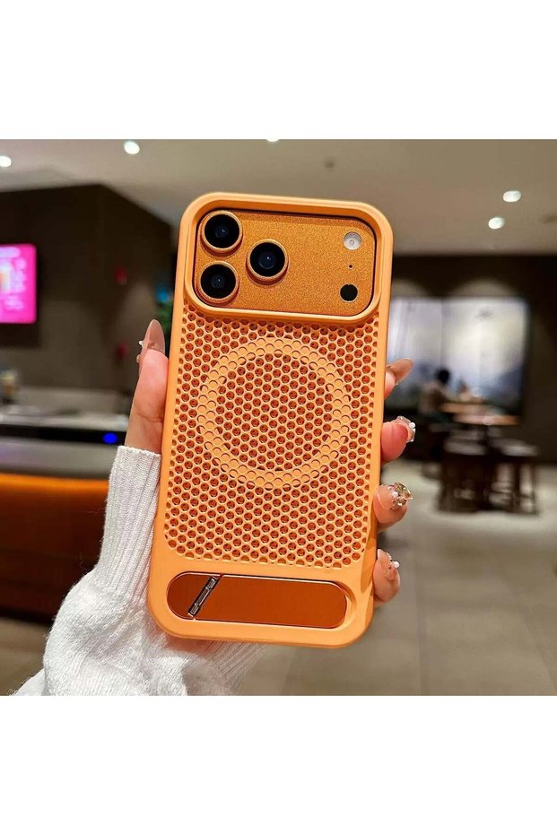 حافظة متوافقة مع هاتف Apple iPhone 18 Pro Max باللون البرتقالي بنمط خلية النحل مع حامل