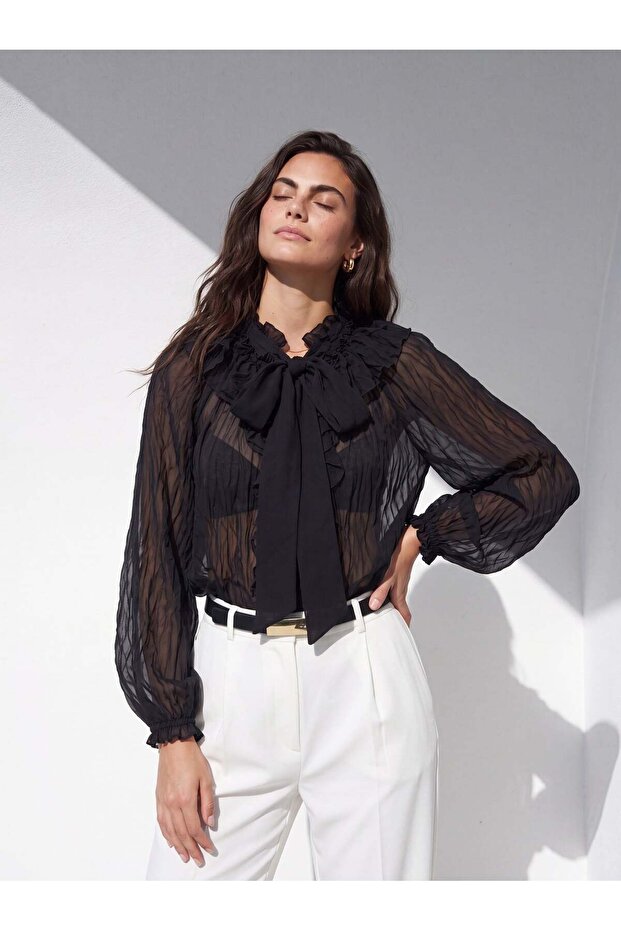 Black Crinkle Textured Collar Tie-Up Long Sleeve Flowy Form Sheer Shirt with Flywheel Detail
