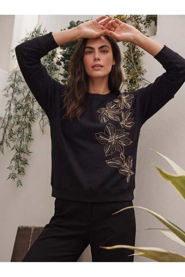 Black Cotton Crew Neck Relaxed Fit Sweatshirt with Floral and Bead Embroidery Detail