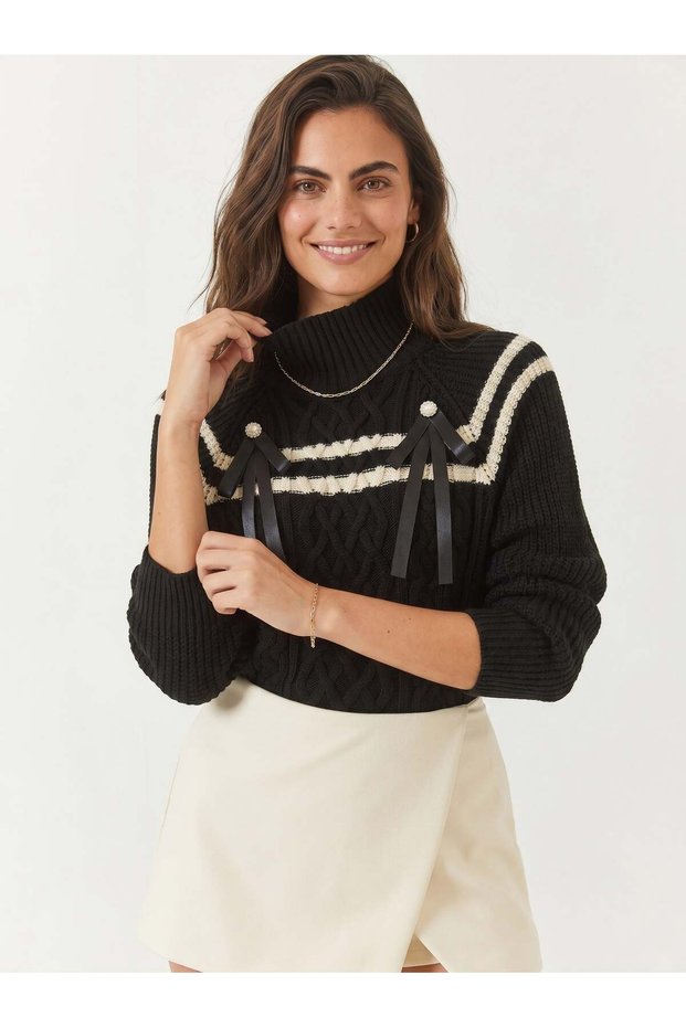 Black Ecru Acrylic Fabric Standard Fit Knitted Sweater with Stone Collar and Bow Detail