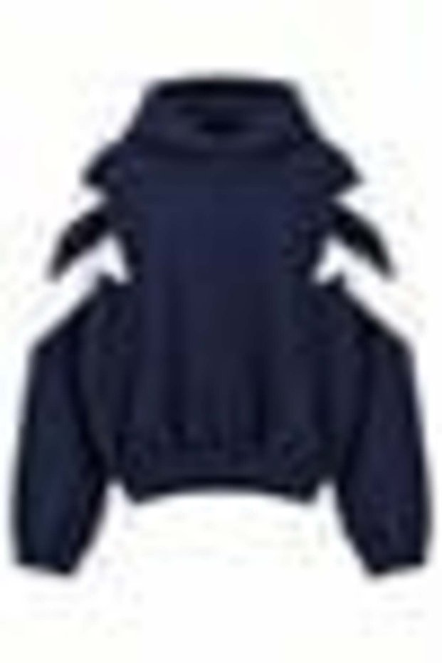 Navy Blue Cotton Blend Hooded Long Sleeve Sweatshirt with Elastic Waist and Stripe Detail