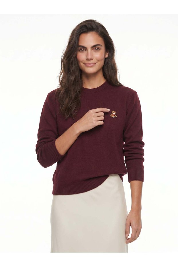 Burgundy Acrylic Fabric Crew Neck Standard Fit Teddy Bear Embroidery Detailed Knitwear Sweater