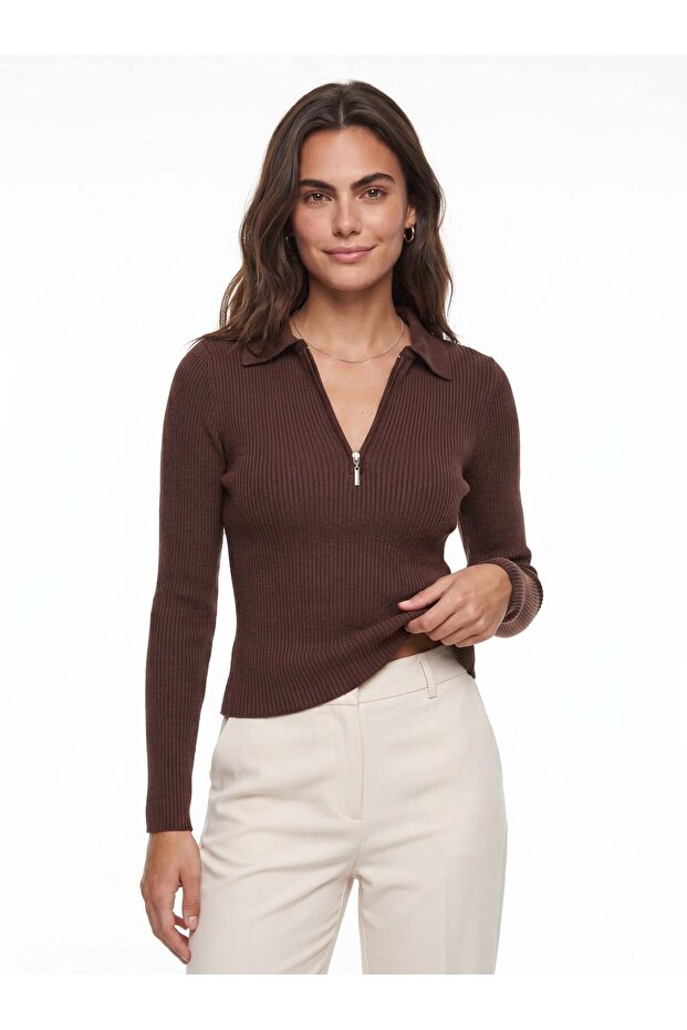 Bitter Brown Cotton Blend Long Sleeve Zippered Collar Detailed Ribbed Knitted Sweater