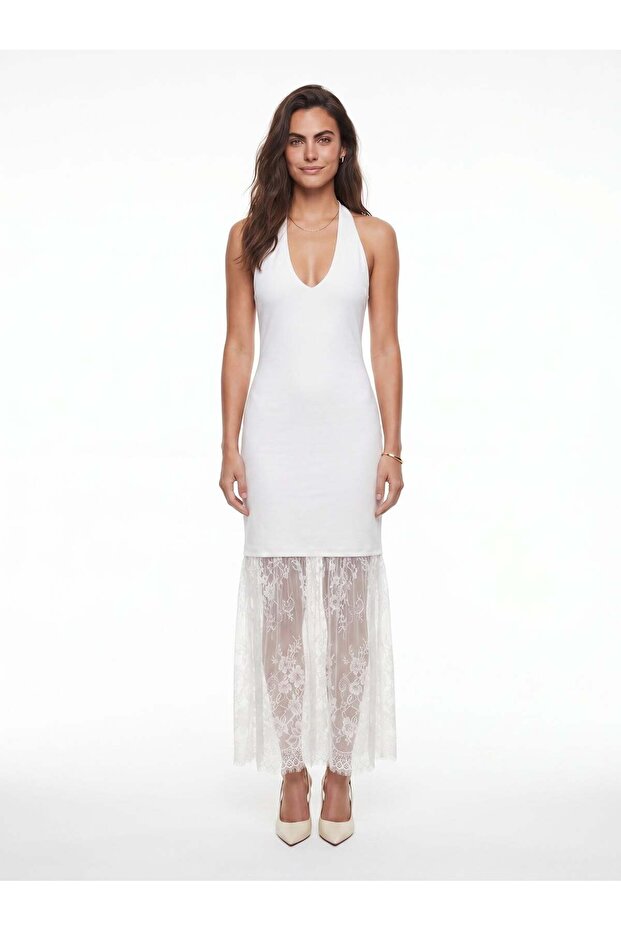 White Halter Neck Backless Long Dress with Flexible Top and Transparent Lace Detail