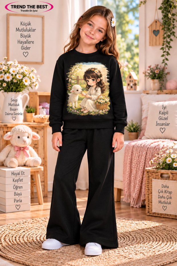 Winter, Spring, and Autumn Girls' Black Spanish Flared Bottoms and Black Sweat Top