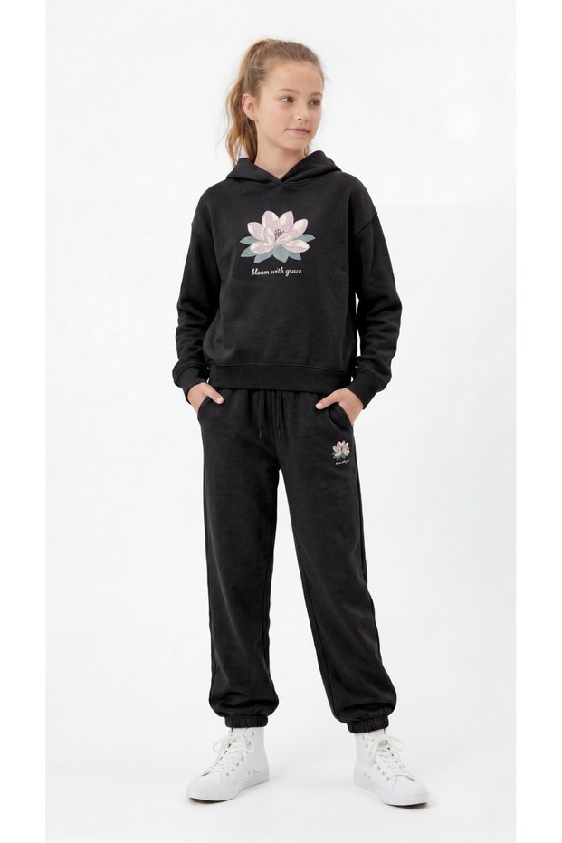 Bloom with Grace Printed Hooded Girls' Top and Bottom Tracksuit Set