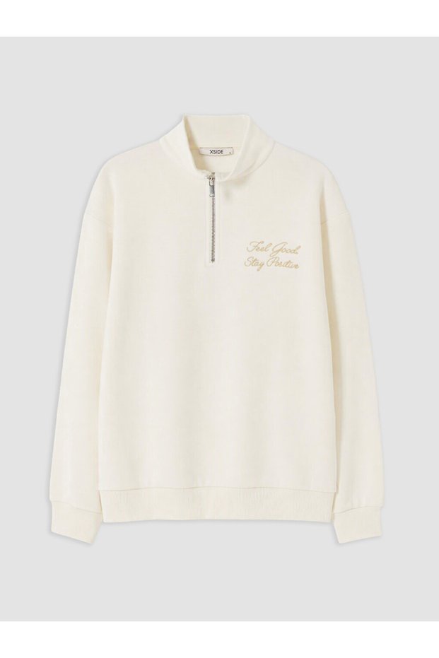 Beige Embroidered Oversize Women's Thick Sweatshirt