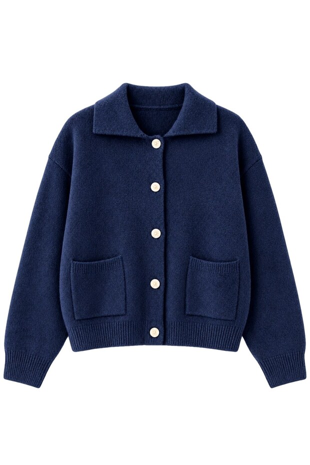 Darcy Polo Collar Pocketed Knitwear Cardigan Women's Navy Blue