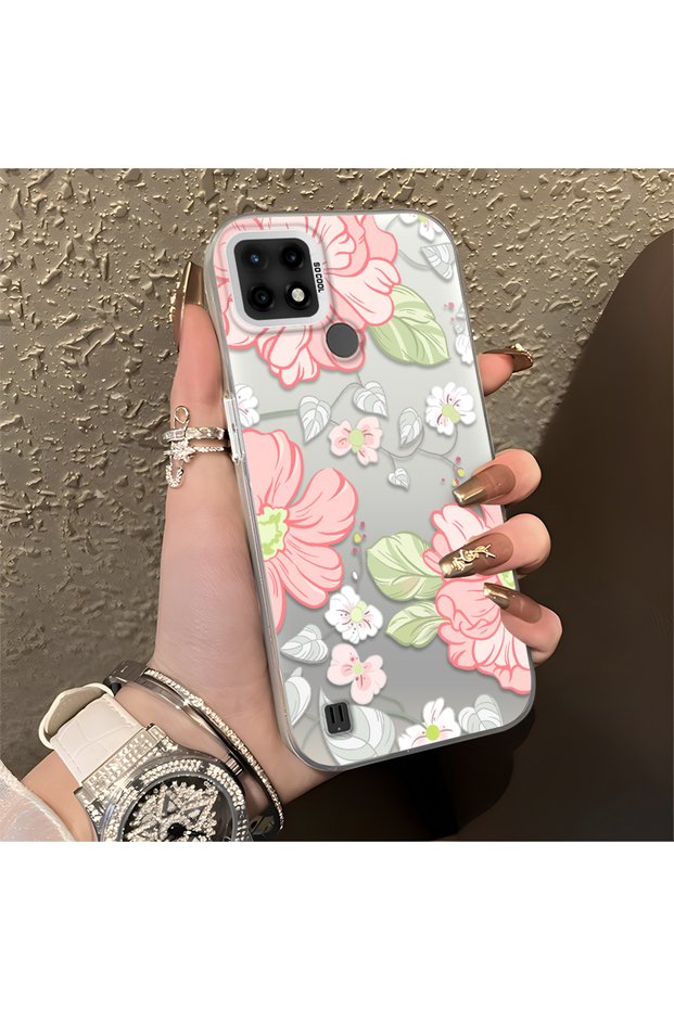 Realme C21 Compatible Fresh Pink White Flower Ivy Full Surround Elegant Shockproof Printing