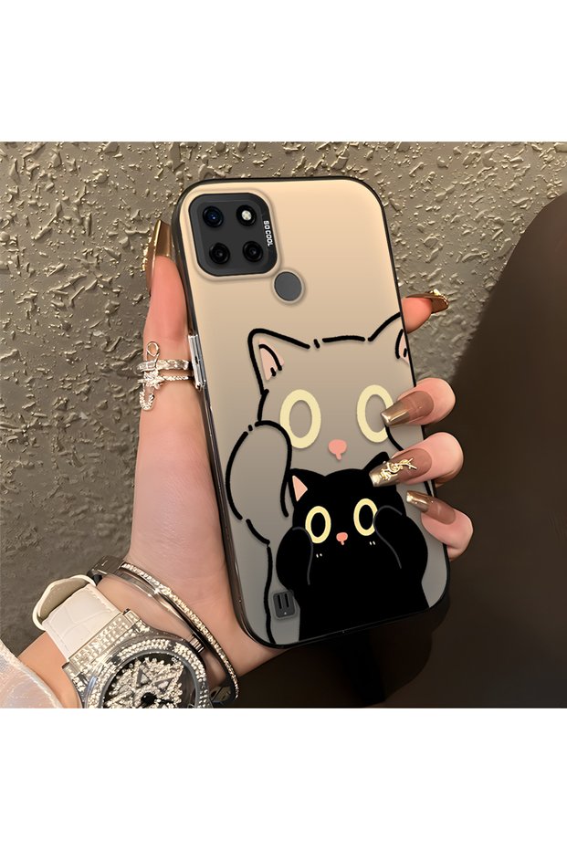 Realme C25Y/C21Y Compatible Simple Striped Cute Black Cat Impact Wear-Resistant Art Print