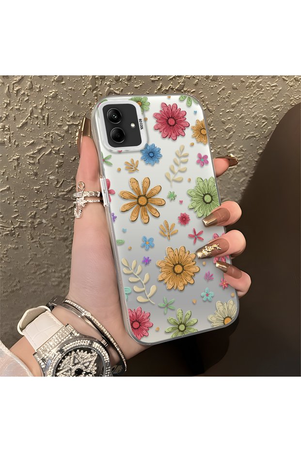 Samsung Galaxy A03/A04E/A04 Compatible Colorful Multicolor Daisy Plants Retro Hand Drawn Flower Print
