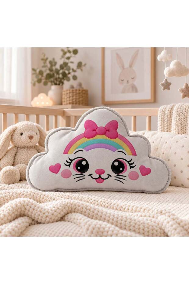 Gray Cloud Pillow-3 with Cute Face Design - Decorative Pillow for Baby and Children's Room 34.5X22 cm