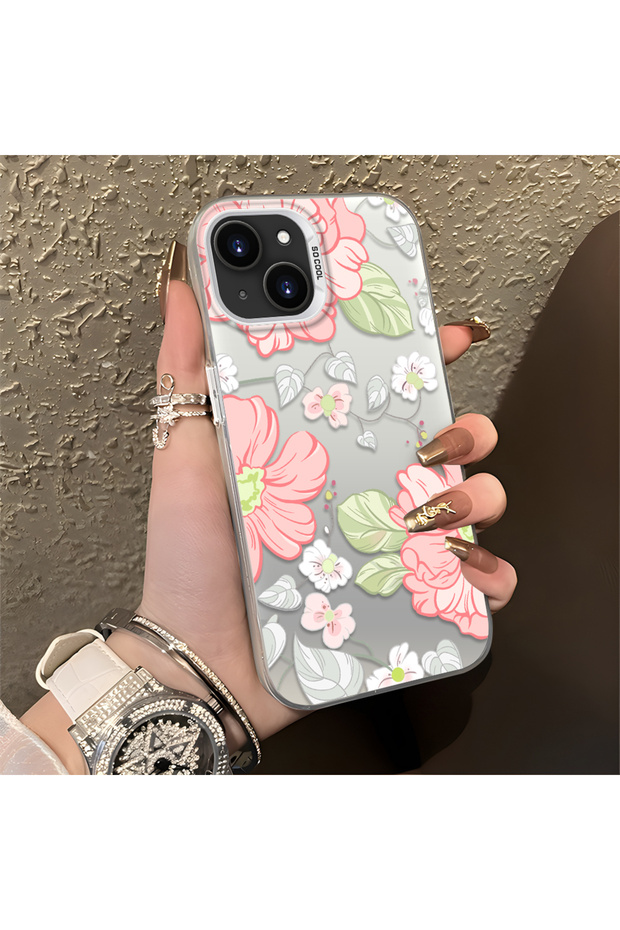 iPhone 14 Plus/15 Plus Compatible Fresh Pink White Flower Ivy Full Surrounding Elegant Shockproof Printing