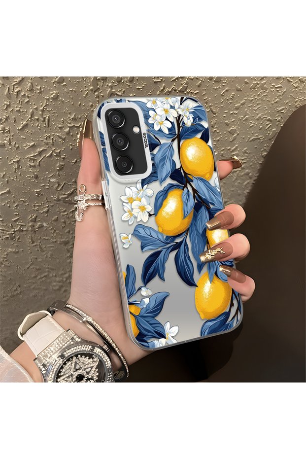 Samsung Galaxy M15 Compatible Yellow Lemon Blue Leaf White Small Flower Shock Absorbing Protection