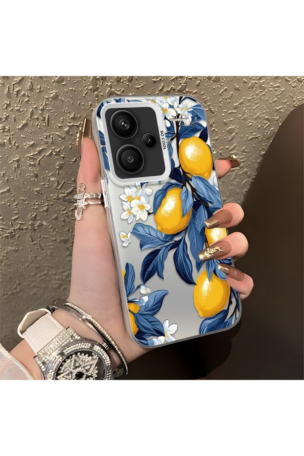 Redmi Note 13 Pro Plus+ 5g Compatible Yellow Lemon Blue Leaf White Small Flower Shock Absorbing Protection
