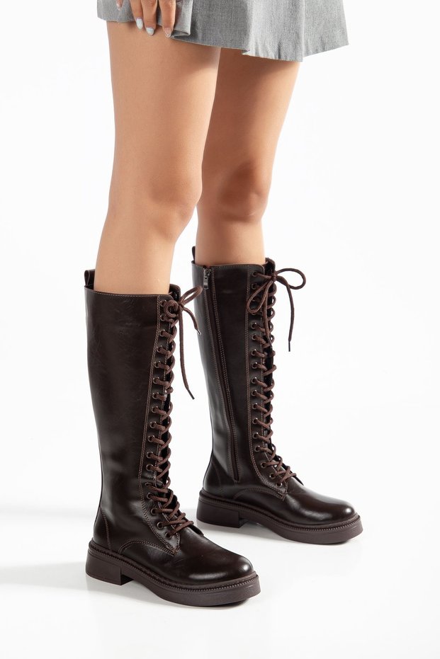 Bugi Brown Shiny Leather Lace-Up Zippered Boots