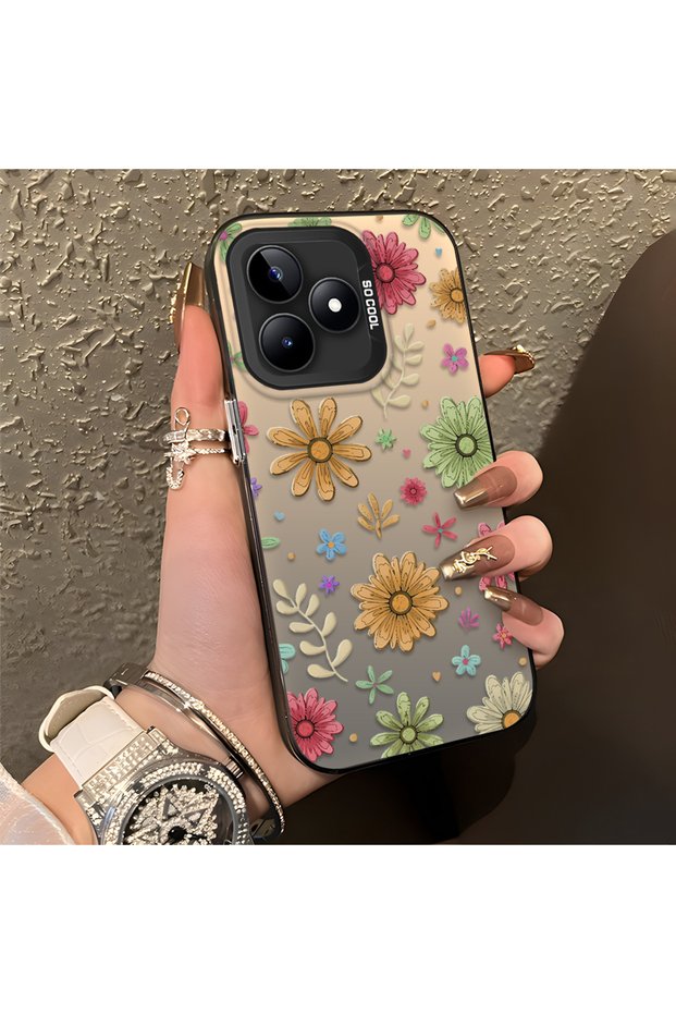 Realme Note 50 Compatible Colorful Multicolor Daisy Plants Retro Hand Drawn Flower Print