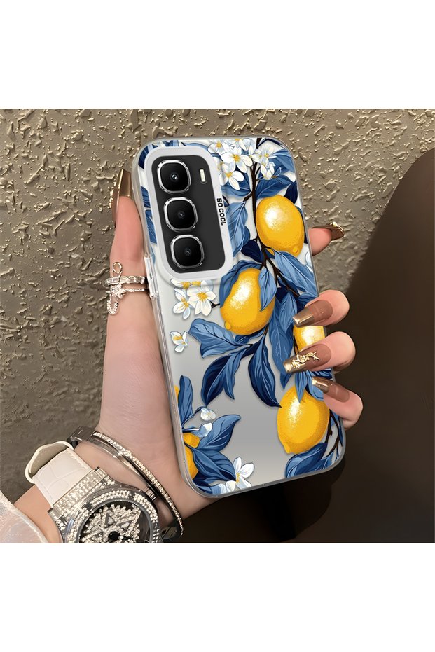 Infinix Hot 60 Pro Compatible Yellow Lemon Blue Leaf White Small Flower Shock Absorbing Protection