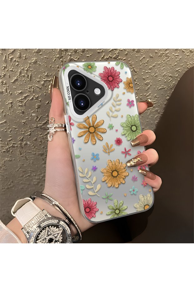 iPhone 17 Compatible Colorful Multicolor Daisy Plants Retro Hand Drawn Floral Print