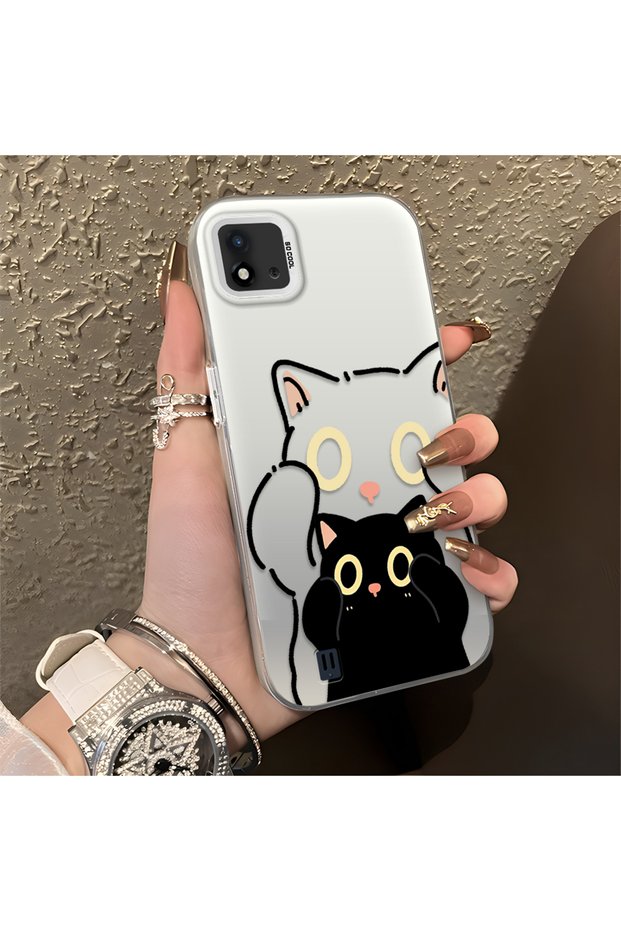 Realme C20/C20A Compatible Simple Striped Cute Black Cat Impact Wear-Resistant Art Print