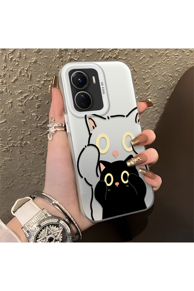 Vivo Y16/Y02S/Y56 Compatible Simple Stripes Cute Black Cat Impact Wear-Resistant Art Print