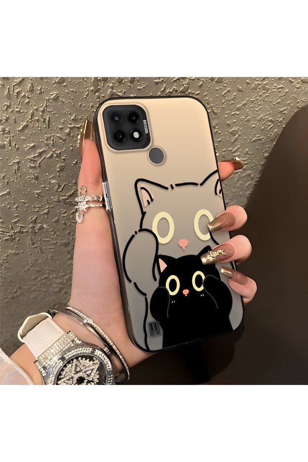 Realme C21 Compatible Simple Striped Cute Black Cat Impact Wear-Resistant Art Print