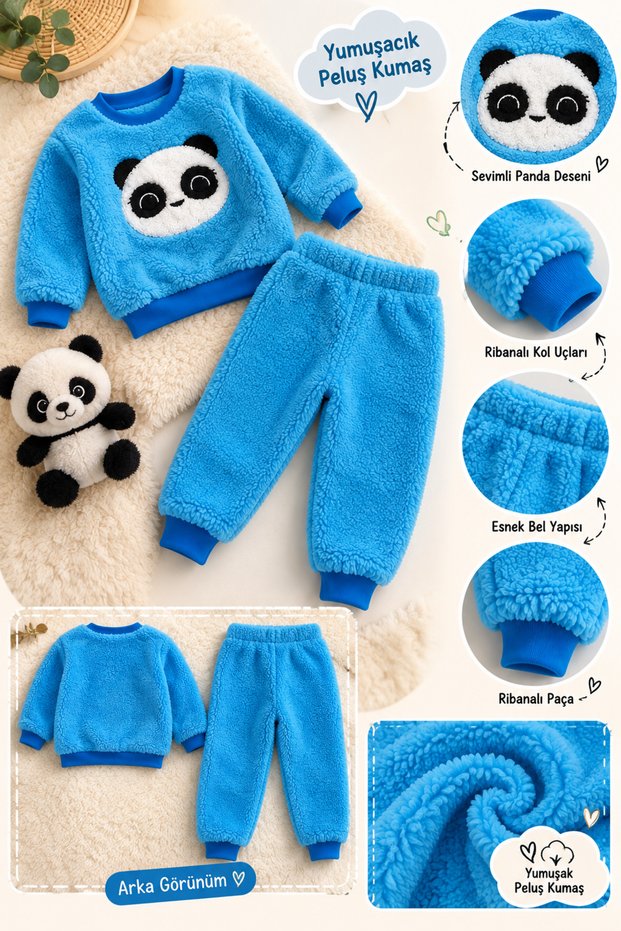 Children's Blue Plush Fabric Panda Patterned Set of 2