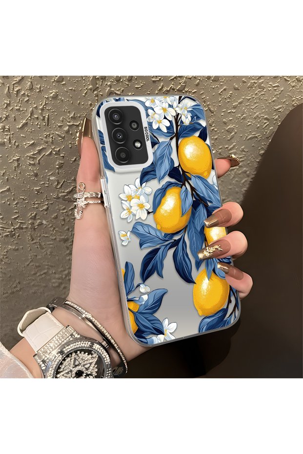 Samsung Galaxy A04S Compatible Yellow Lemon Blue Leaf White Small Flower Shock Absorbing Protection