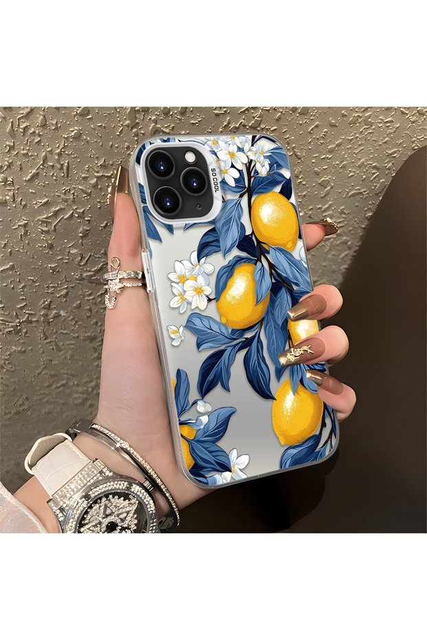 iPhone 11 Pro Max Compatible Yellow Lemon Blue Leaf White Small Flower Shock Absorbing Protection