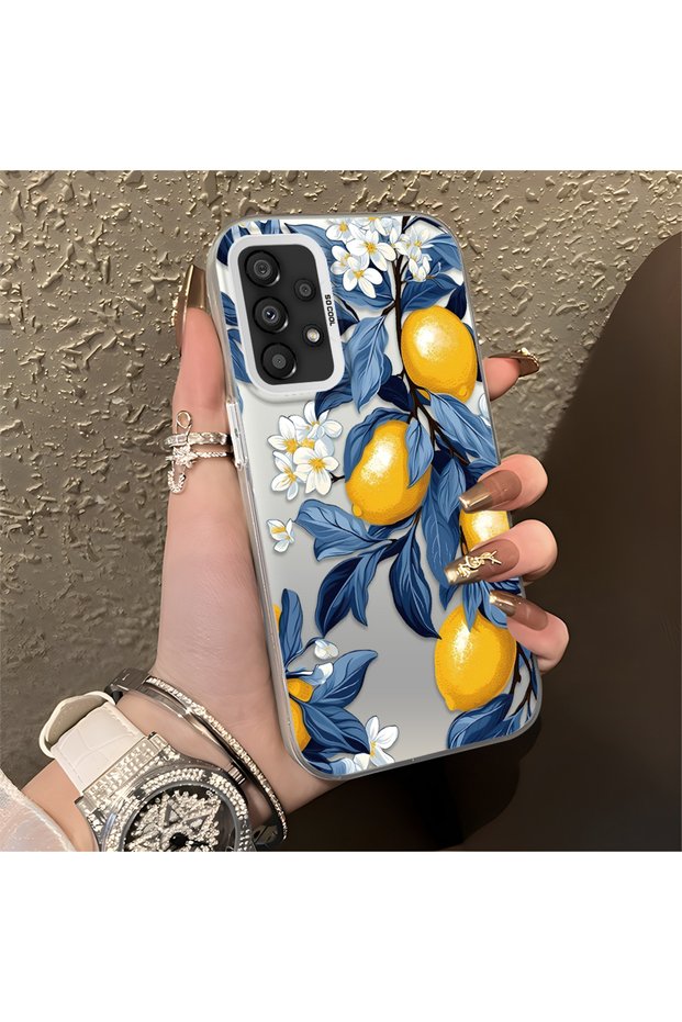 Samsung Galaxy A33 Compatible Yellow Lemon Blue Leaf White Small Flower Shock Absorbing Protection