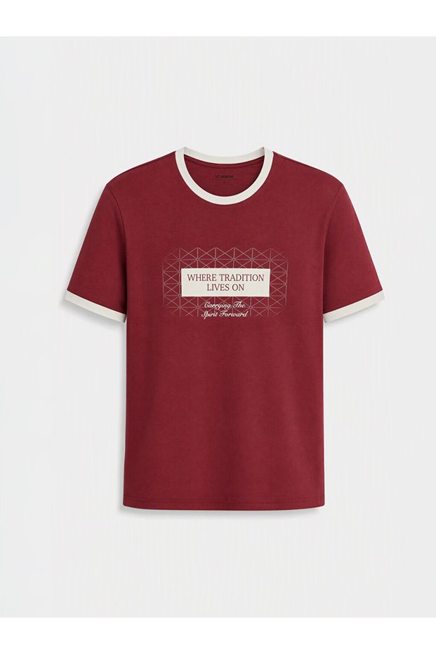 Peak New Season Burgundy Crew Neck Printed Combed Cotton Men's T-Shirt