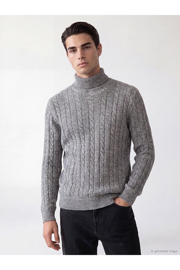 Ozmarka New Season Gray Turtleneck Patterned Men's Knitwear Sweater