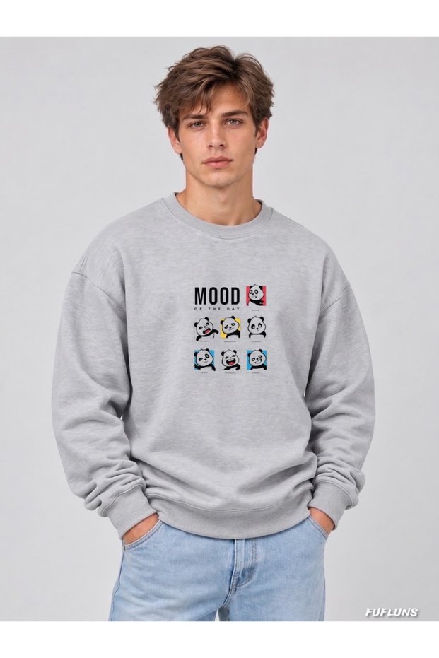 سويت شيرت رجالي كبير الحجم مطبوع عليه MOOD PANDA بياقة دائرية