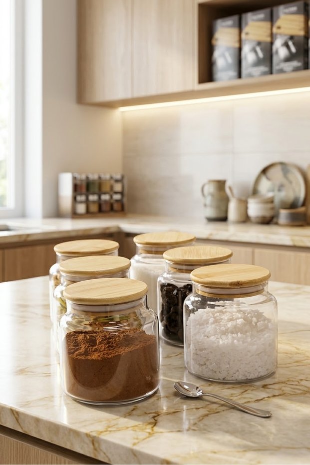 6 Pieces of 500 ml Glass Spice Jars with Vacuum Bamboo Lids