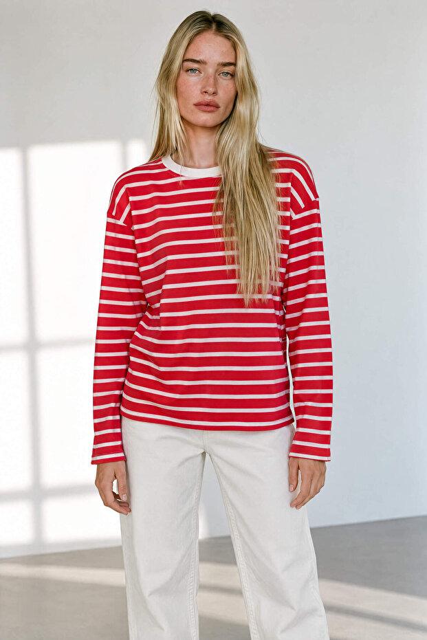 Red Ecru Striped Oversize Long Sleeve Blouse