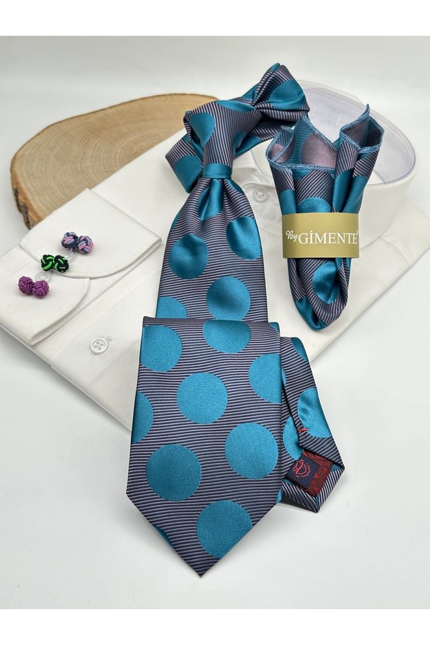 Petrol Blue Polka Dot Patterned Classic Tie with Handkerchief