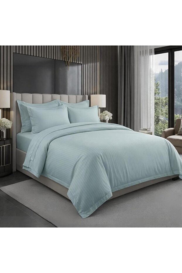 6 pcs Striped Duvet Cover Set Super king Size 240x260 Bedding Set – 1 Fitted Sheet, 1 Quilt Cover, 4 Pillowcases, Pastel Green