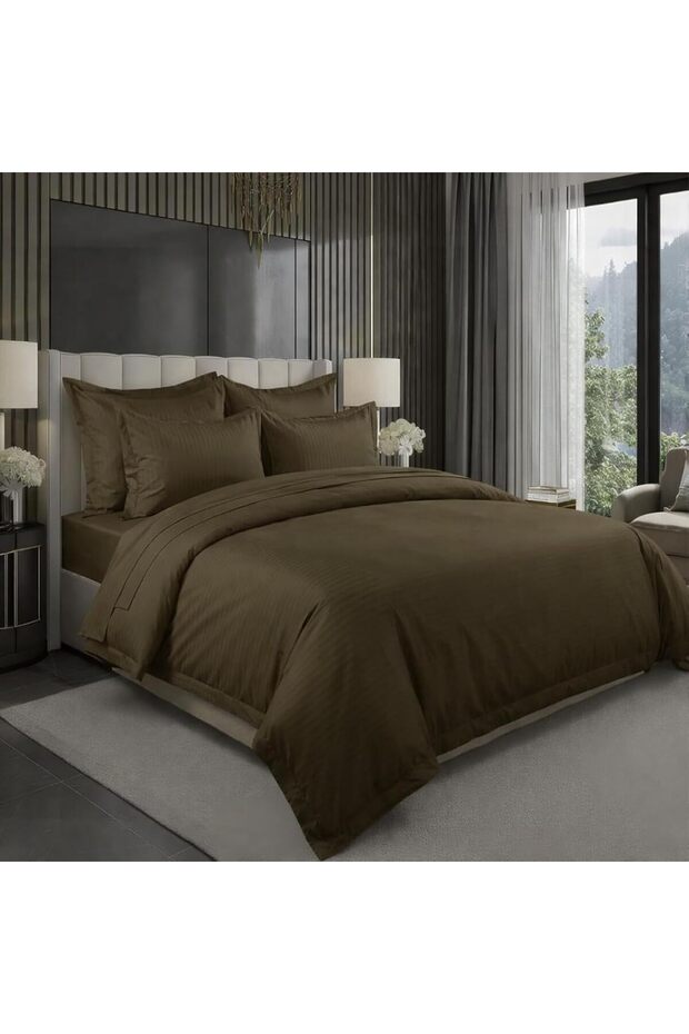6 pcs Striped Duvet Cover Set Super king Size 240x260 Bedding Set – 1 Fitted Sheet, 1 Quilt Cover, 4 Pillowcases, Olive Green