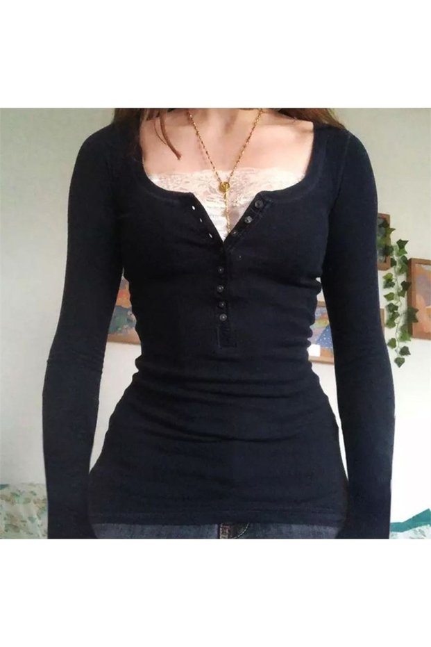 Buttoned V-Neck Lace Detail Black Blouse