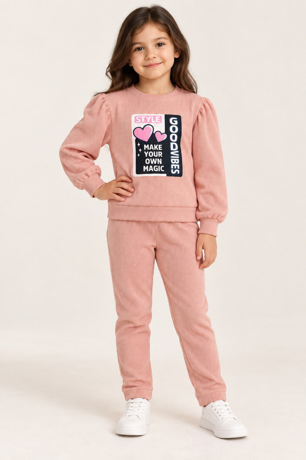 Girl's Good Vibes Heart Printed Waffle Fabric Balloon Sleeve Top and Bottom Tracksuit Set