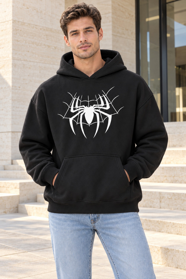 Men's Oversize Spider Printed Hooded Sweatshirt Hoodie