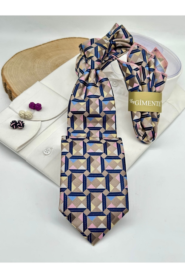 Beige Geometric Patterned Classic Tie with Handkerchief