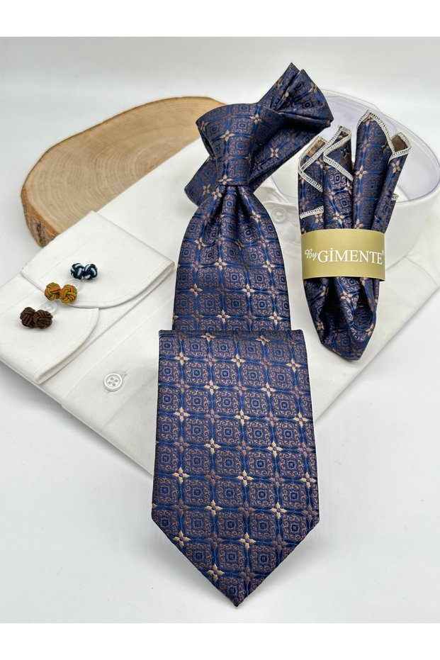 Classic Tie with Navy Blue Patterned Handkerchief