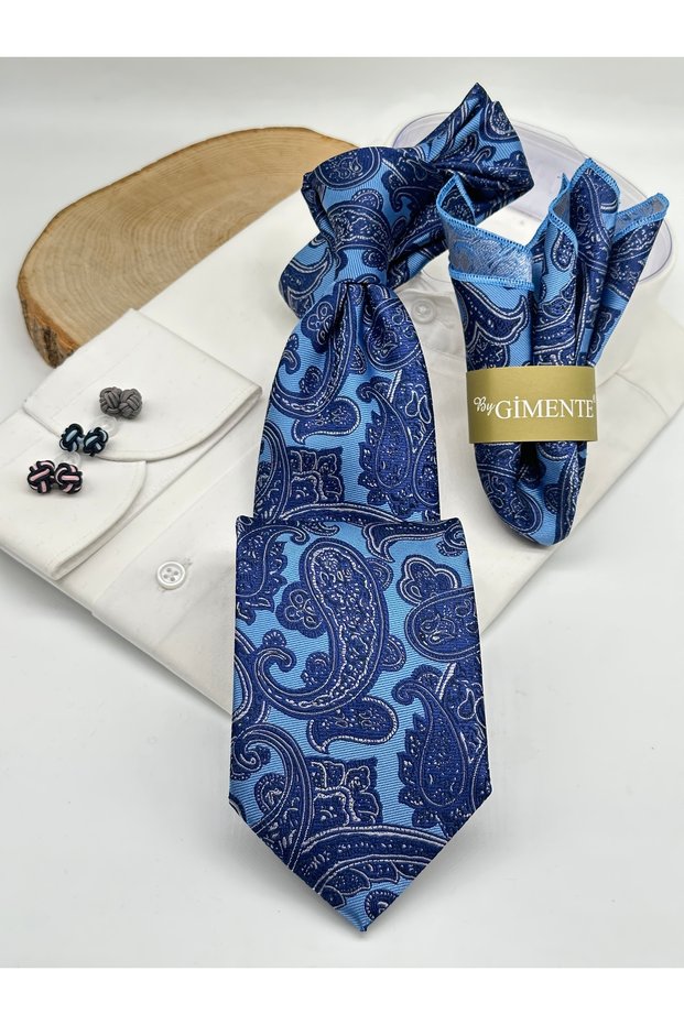 Classic Tie with Blue Paisley Patterned Handkerchief