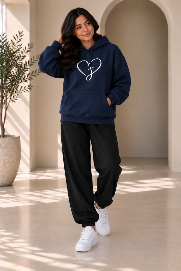 Women's Plus Size Heart J Printed Oversize 2-Piece Tracksuit Set – Hooded Hoodie & Jogger Pants