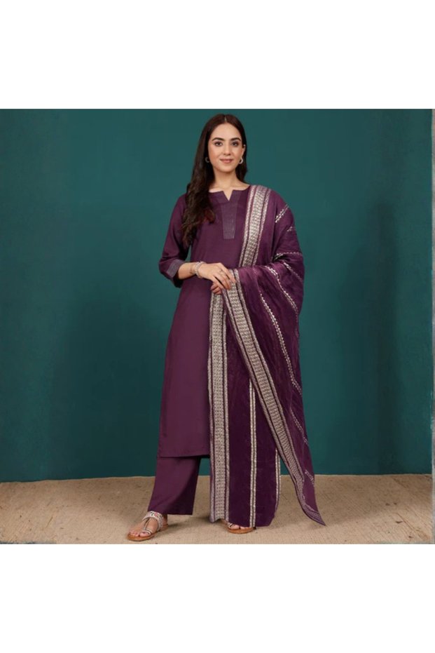 Burgundy Cotton Blend Kurta Trouser & Dupatta - VRN1104-Burgundy-Size:2XL-44-Inches