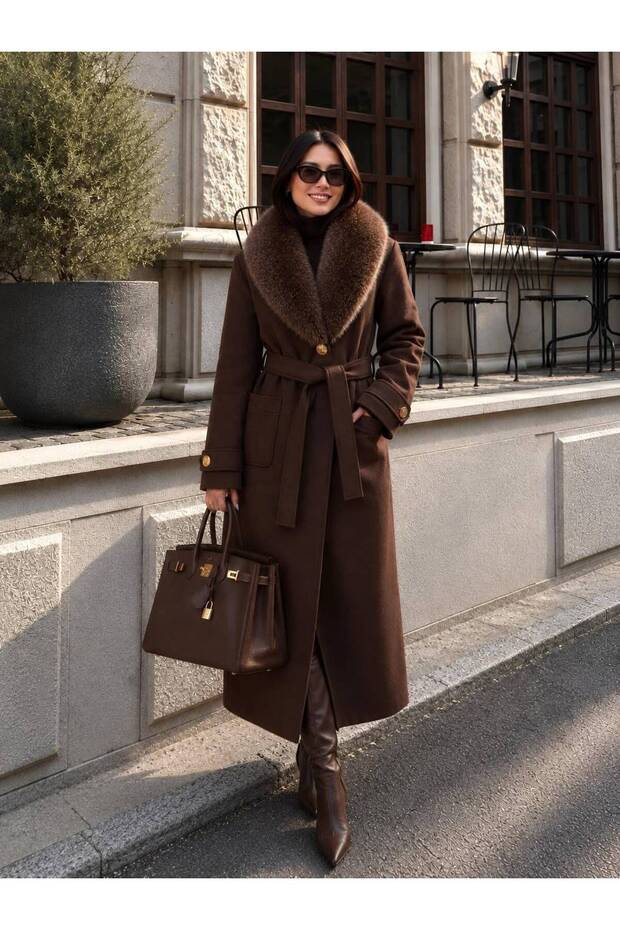 Fur Collar Detailed Belted Long Cashmere Coat