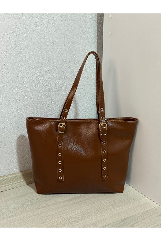 Large Size Soft Leather Women's Shoulder Bag with Belt Detail