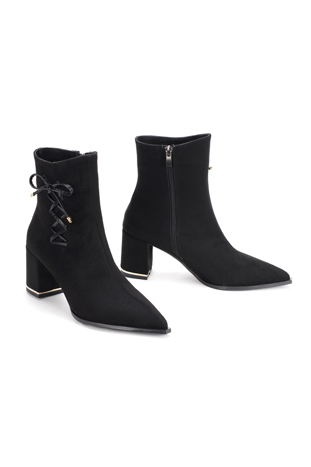 Suede Side Lacing / Bow Detail Thick Heeled Pointed Toe Women's Boots